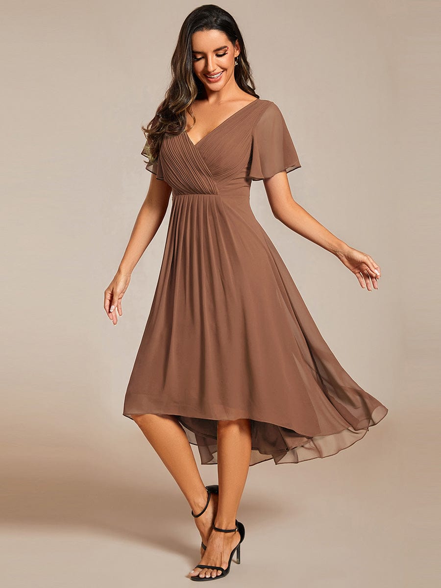 Custom Size Chic V Neck Asymmetrical Hem Ruffles Sleeve Pleated Chiffon Wedding Guest Dress #color_Brown