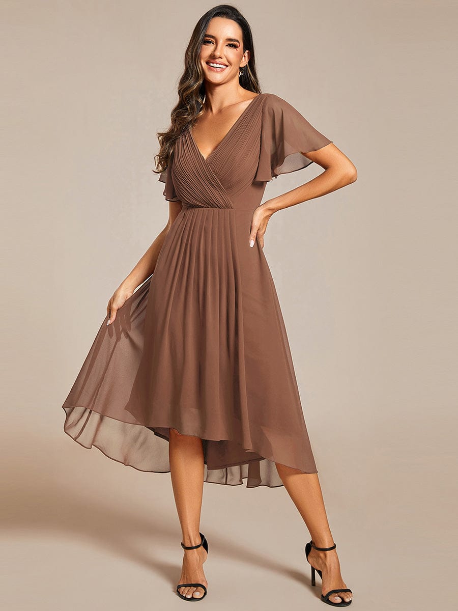 Custom Size Chic V Neck Asymmetrical Hem Ruffles Sleeve Pleated Chiffon Wedding Guest Dress #color_Brown