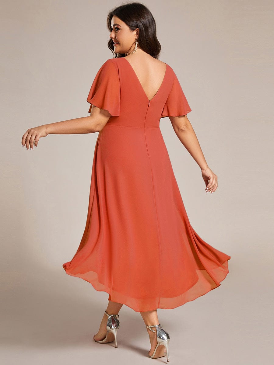 Chic V Neck Asymmetrical Hem Ruffles Sleeve Pleated Chiffon Wedding Guest Dress #color_Burnt Orange