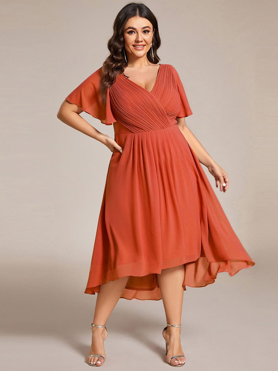 Chic V Neck Asymmetrical Hem Ruffles Sleeve Pleated Chiffon Wedding Guest Dress #color_Burnt Orange