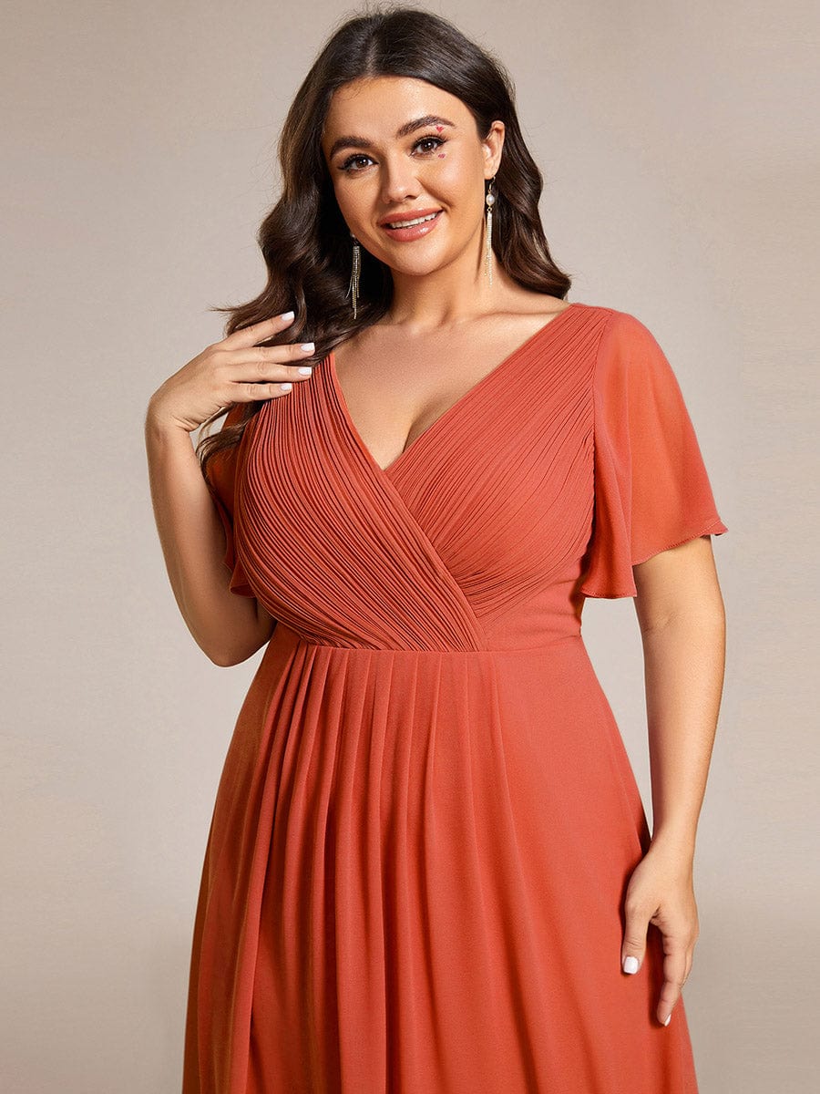 Chic V Neck Asymmetrical Hem Ruffles Sleeve Pleated Chiffon Wedding Guest Dress #color_Burnt Orange