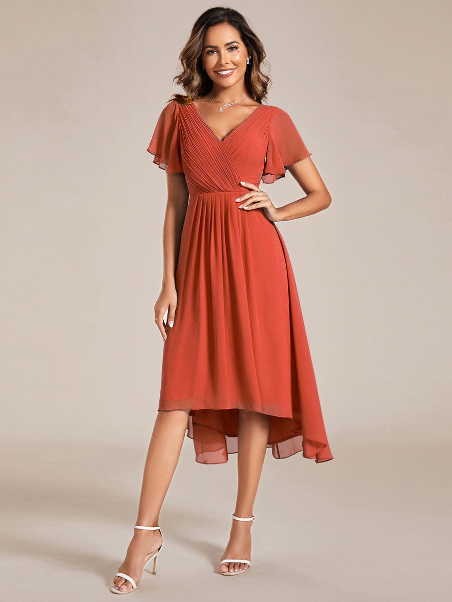 Chic V Neck Asymmetrical Hem Ruffles Sleeve Pleated Chiffon Wedding Guest Dress #color_Burnt Orange