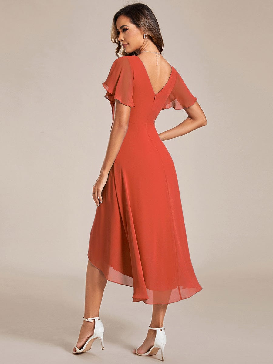 Chic V Neck Asymmetrical Hem Ruffles Sleeve Pleated Chiffon Wedding Guest Dress #color_Burnt Orange