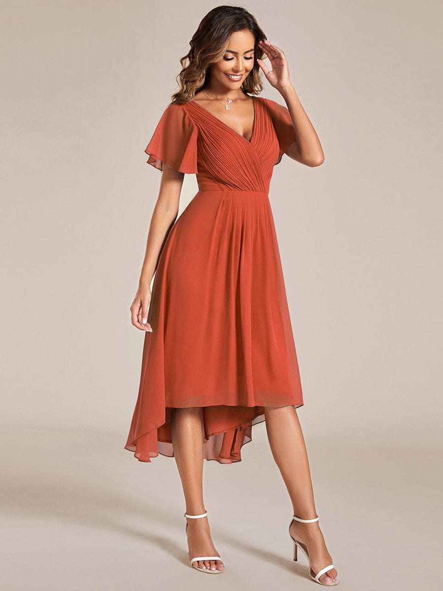 Pleated Asymmetrical Hem Ruffles Sleeve Chiffon Bridesmaid Dress #color_Burnt Orange