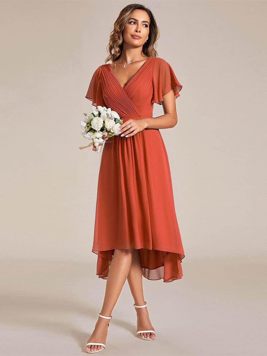 Chic V Neck Asymmetrical Hem Ruffles Sleeve Pleated Chiffon Wedding Guest Dress #color_Burnt Orange