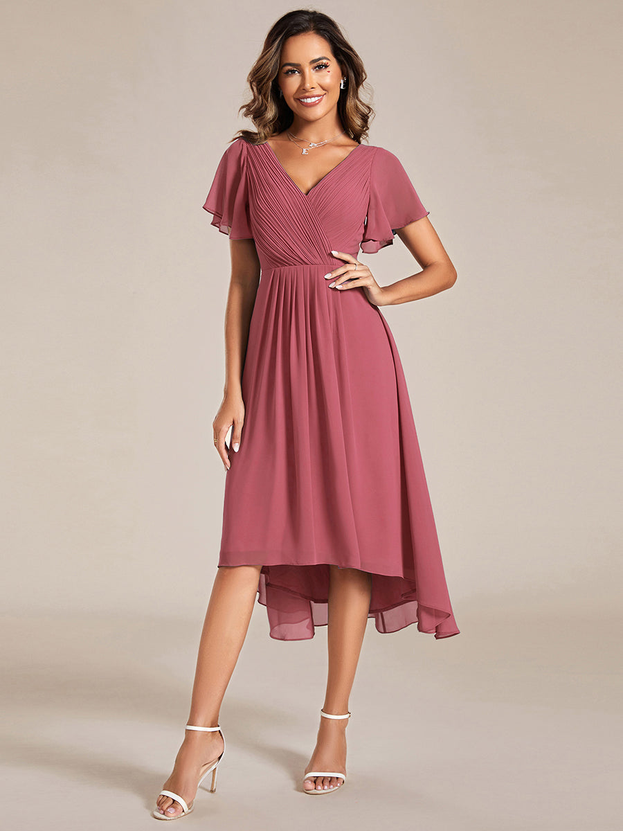 Chic V Neck High-Low Short Sleeve Wedding Guest Dress #color_Cameo Brown