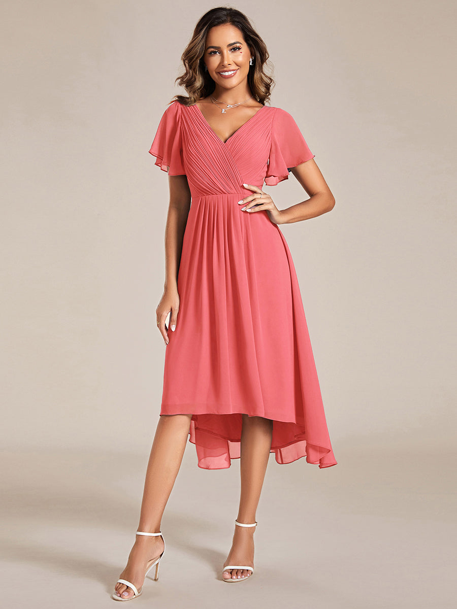 Chic V Neck High-Low Short Sleeve Wedding Guest Dress #color_Coral