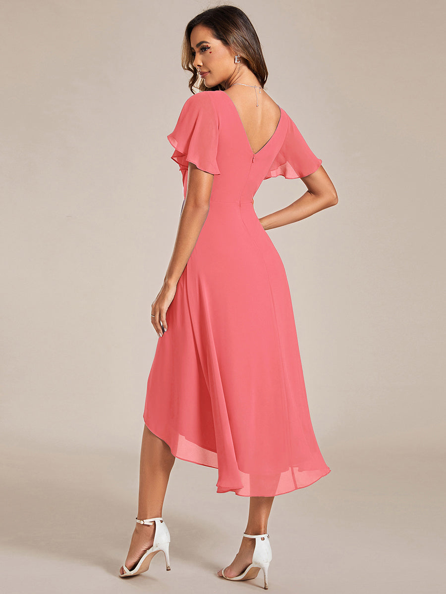 Chic V Neck High-Low Short Sleeve Wedding Guest Dress #color_Coral