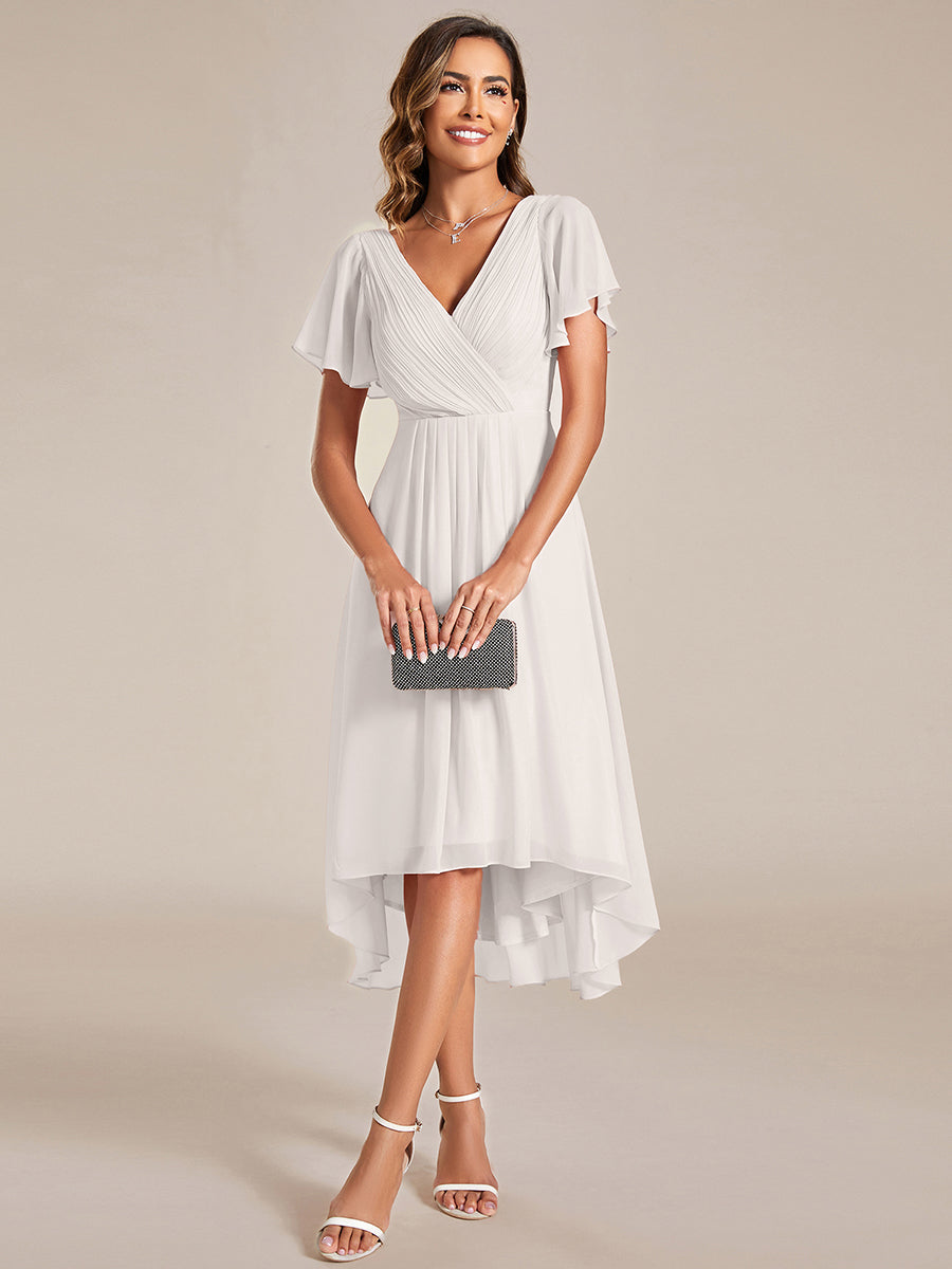 Chic V Neck High-Low Short Sleeve Wedding Guest Dress #color_Cream