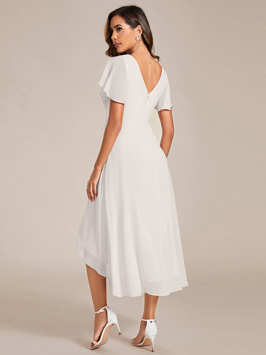 Chic V Neck High-Low Short Sleeve Wedding Guest Dress #color_Cream