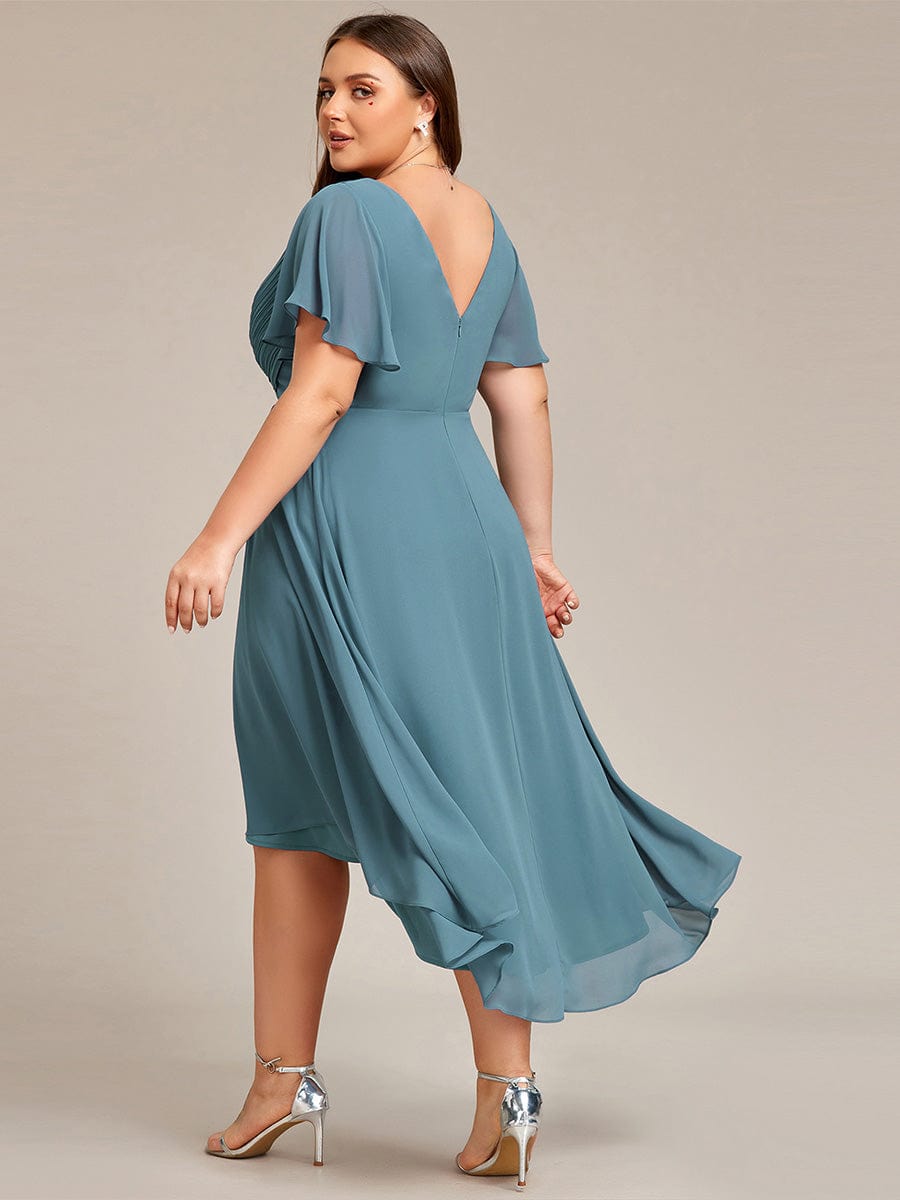 Chic V Neck Asymmetrical Hem Ruffles Sleeve Pleated Chiffon Wedding Guest Dress #color_Light Teal