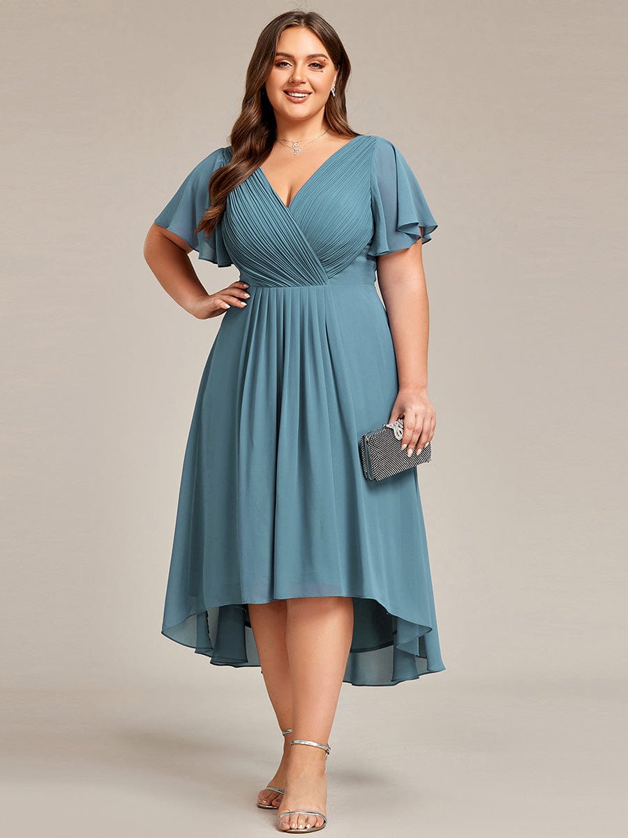 Pleated Asymmetrical Hem Ruffles Sleeve Chiffon Bridesmaid Dress #color_Light Teal