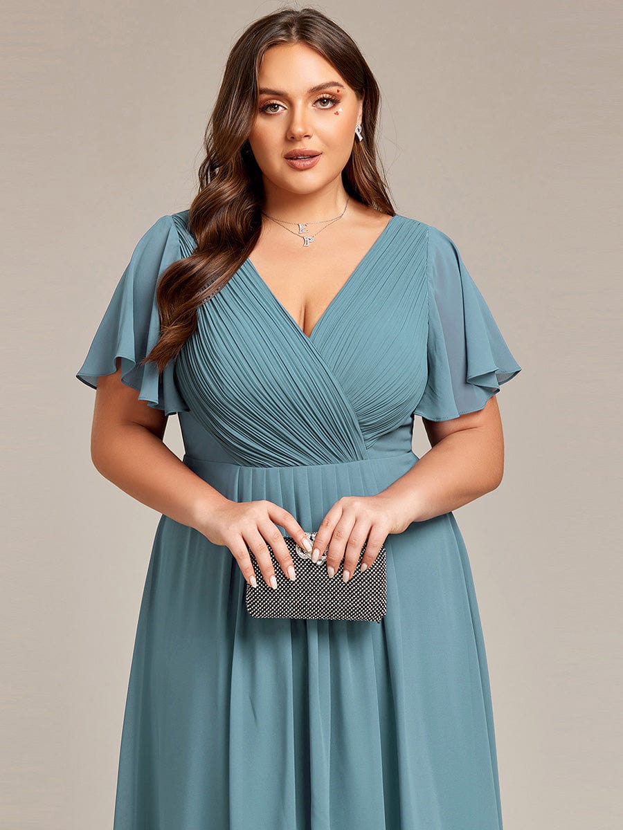 Chic V Neck Asymmetrical Hem Ruffles Sleeve Pleated Chiffon Wedding Guest Dress #color_Dusty Blue