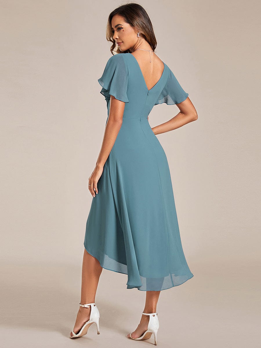 Chic V Neck Asymmetrical Hem Ruffles Sleeve Pleated Chiffon Wedding Guest Dress #color_Dusty Blue