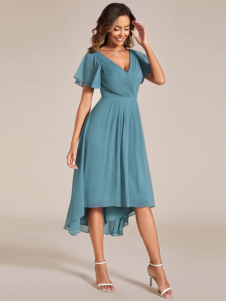 Chic V Neck Asymmetrical Hem Ruffles Sleeve Pleated Chiffon Wedding Guest Dress #color_Light Teal