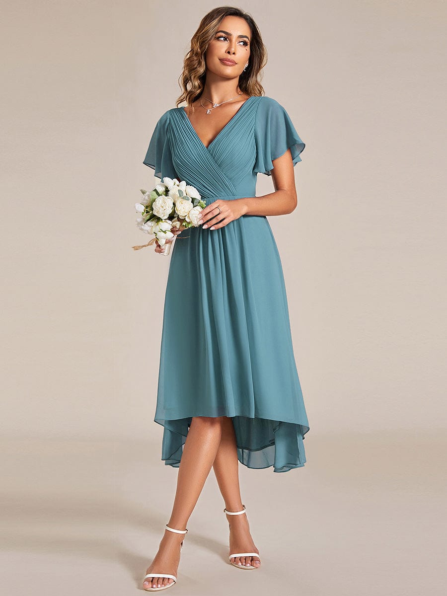 Chic V Neck Asymmetrical Hem Ruffles Sleeve Pleated Chiffon Wedding Guest Dress #color_Light Teal