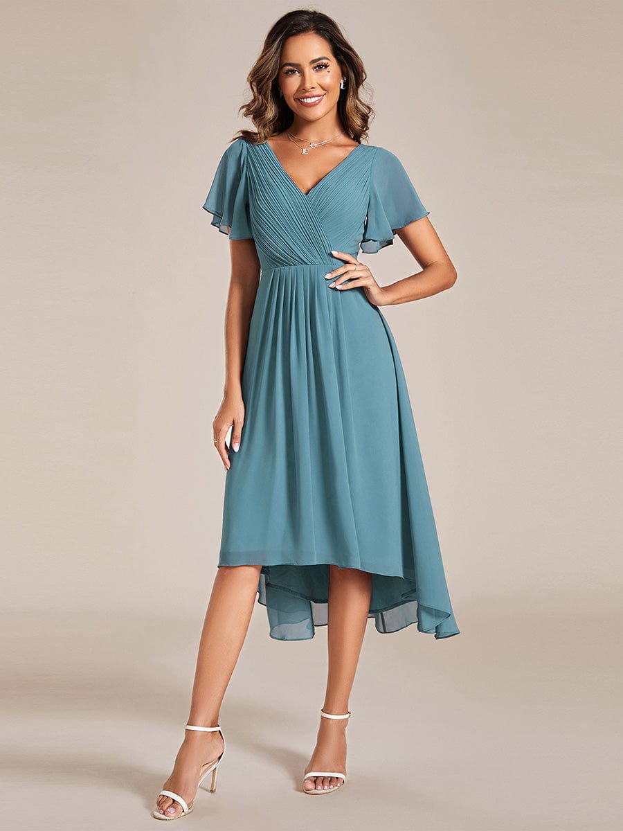 Pleated Asymmetrical Hem Ruffles Sleeve Chiffon Bridesmaid Dress #color_Dusty Blue