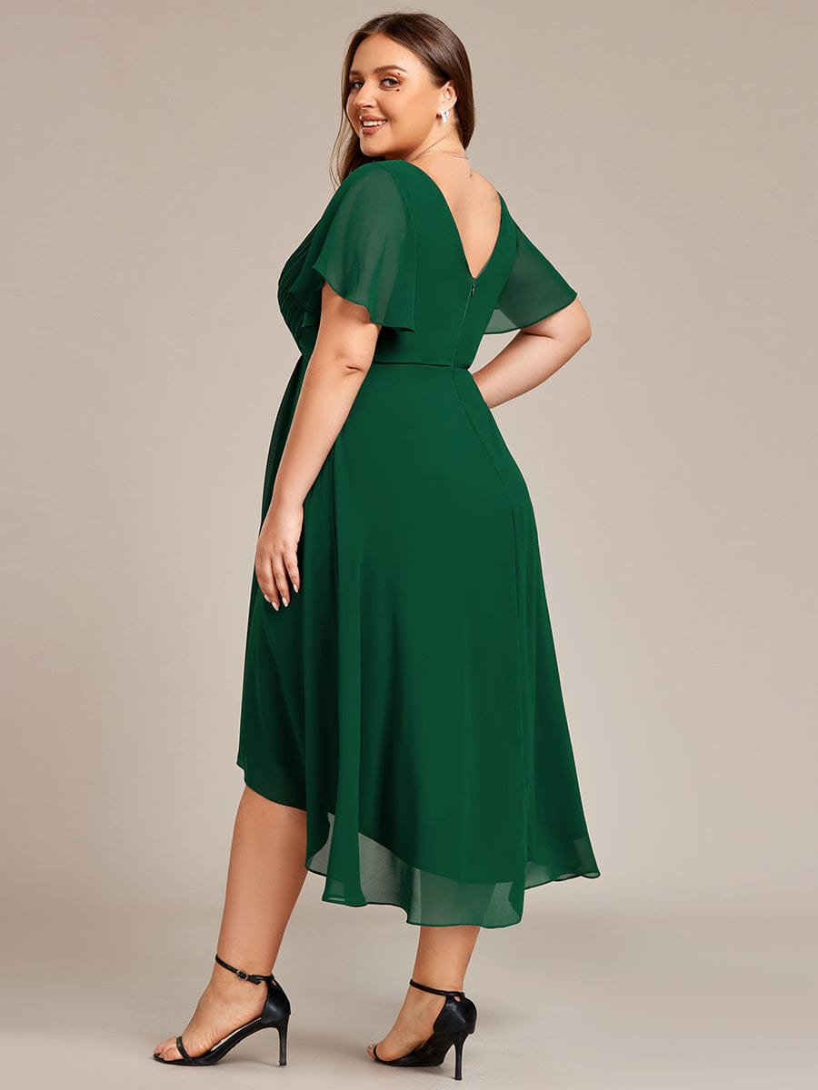 Pleated Asymmetrical Hem Ruffles Sleeve Chiffon Bridesmaid Dress #color_Dark Green