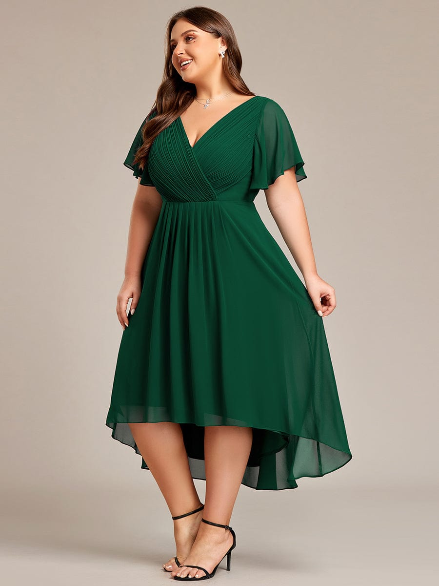 Pleated Asymmetrical Hem Ruffles Sleeve Chiffon Bridesmaid Dress #color_Dark Green