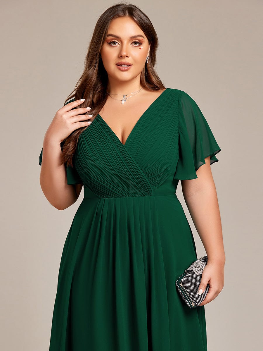 Custom Size Chic V Neck Asymmetrical Hem Ruffles Sleeve Pleated Chiffon Wedding Guest Dress #color_Dark Green