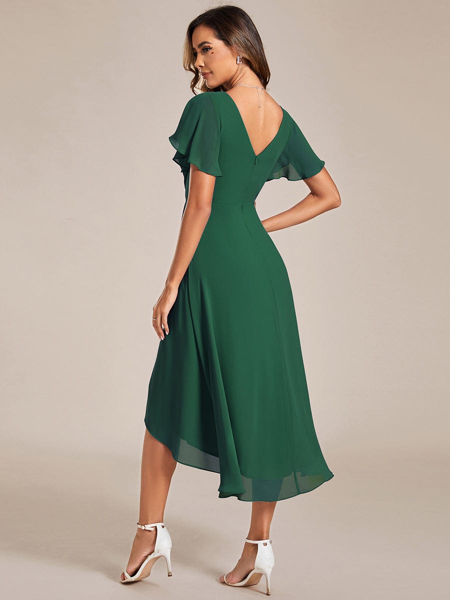 Pleated Asymmetrical Hem Ruffles Sleeve Chiffon Bridesmaid Dress #color_Dark Green