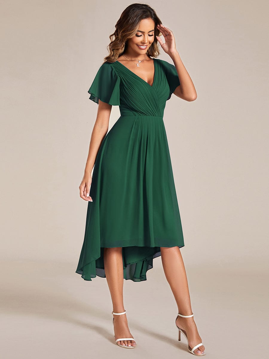 Custom Size Chic V Neck Asymmetrical Hem Ruffles Sleeve Pleated Chiffon Wedding Guest Dress #color_Dark Green