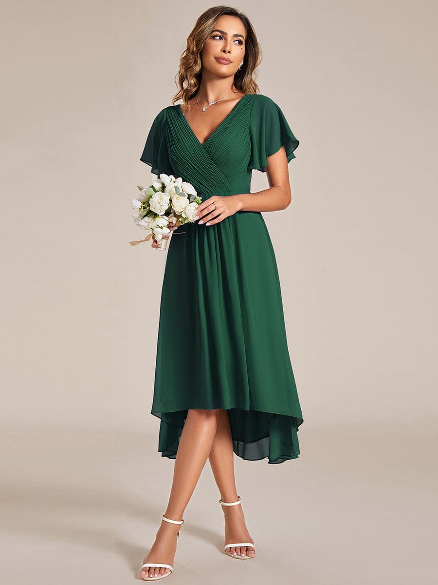 Custom Size Chic V Neck Asymmetrical Hem Ruffles Sleeve Pleated Chiffon Wedding Guest Dress #color_Dark Green