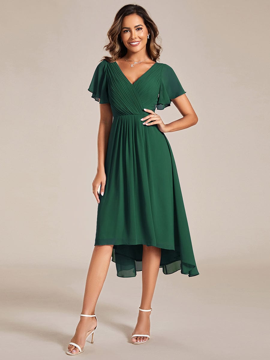 Pleated Asymmetrical Hem Ruffles Sleeve Chiffon Bridesmaid Dress #color_Dark Green