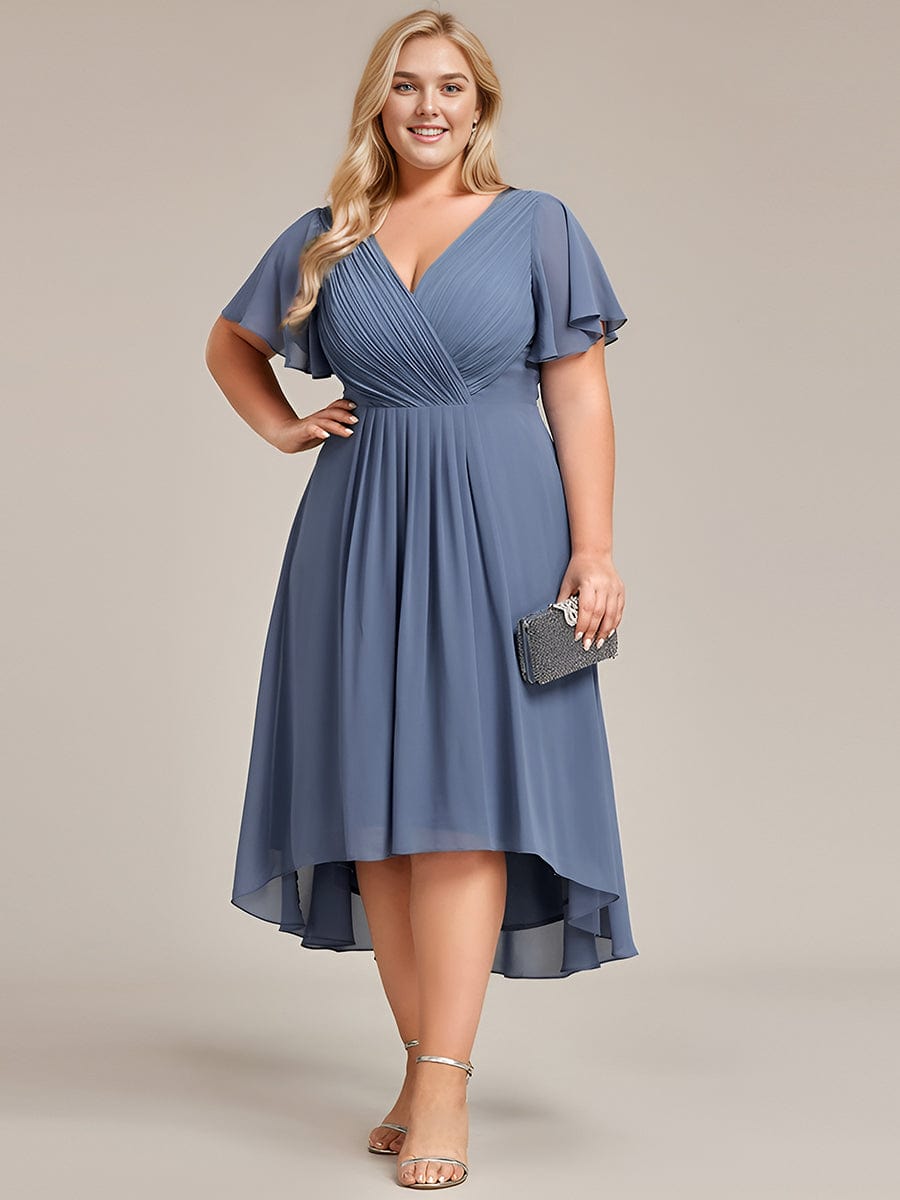 Custom Size Chic V Neck Asymmetrical Hem Ruffles Sleeve Pleated Chiffon Wedding Guest Dress #color_Dusty Navy