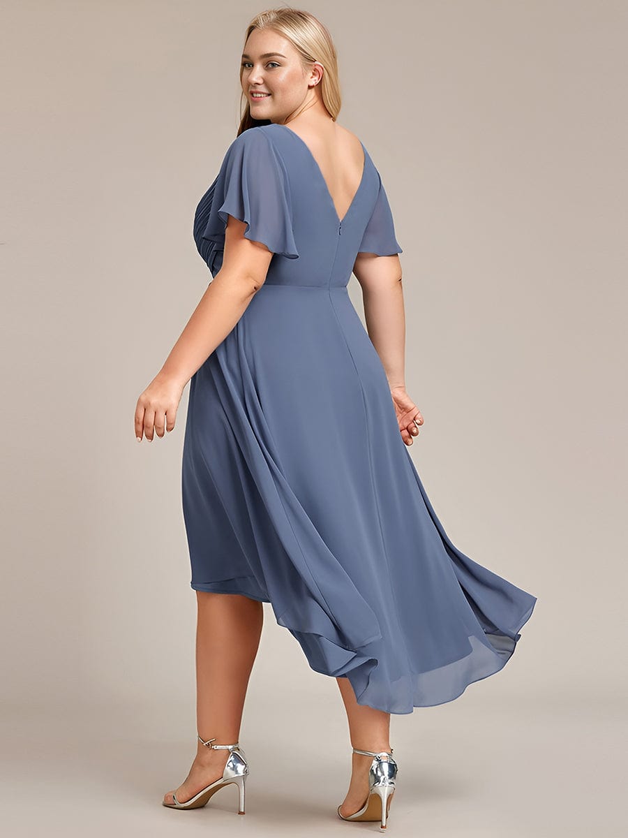 Chic V Neck Asymmetrical Hem Ruffles Sleeve Pleated Chiffon Wedding Guest Dress #color_Dusty Navy