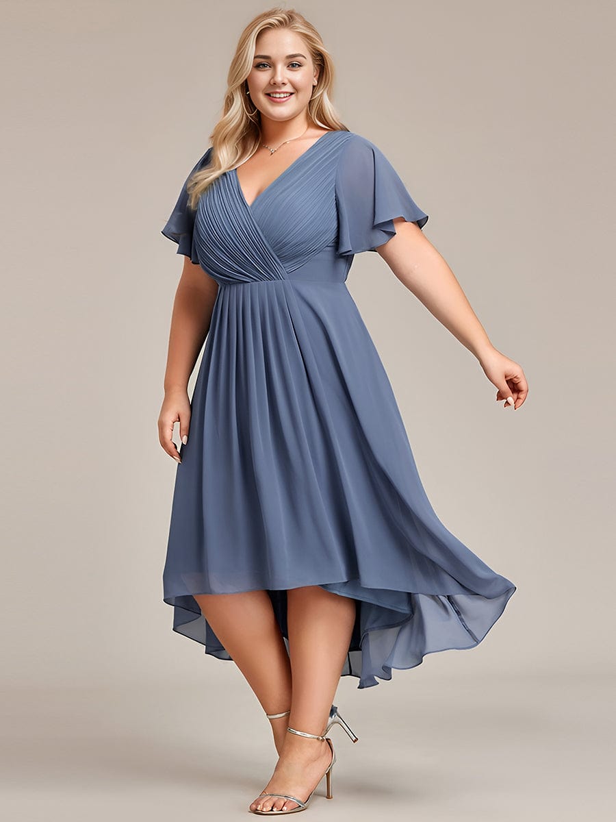 Chic V Neck Asymmetrical Hem Ruffles Sleeve Pleated Chiffon Wedding Guest Dress #color_Dusty Navy