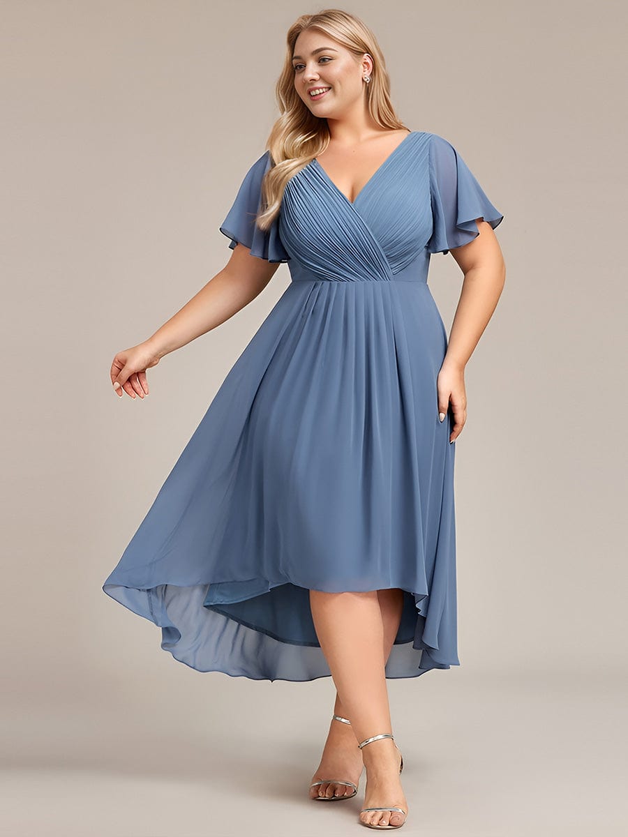 Plus Size Double V-Neck Ruffles Sleeve Chiffon Midi Wedding Guest Dress #color_Dusty Blue