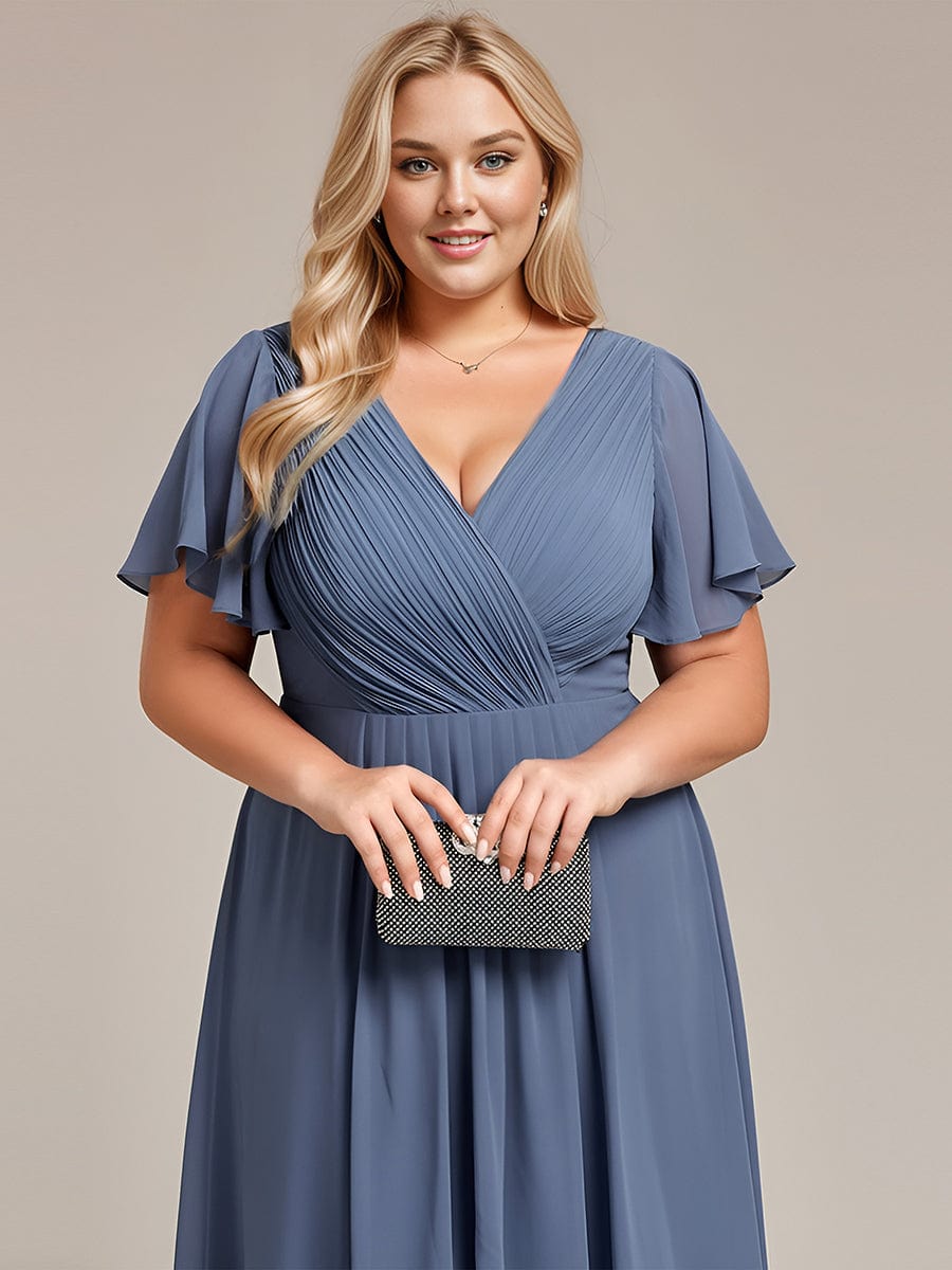 Chic V Neck Asymmetrical Hem Ruffles Sleeve Pleated Chiffon Wedding Guest Dress #color_Dusty Blue