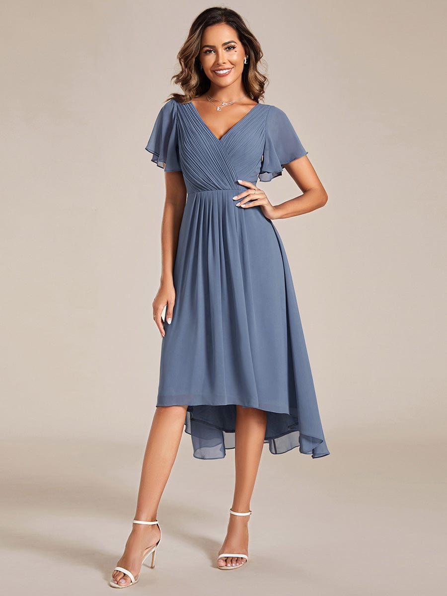 Chic V Neck Asymmetrical Hem Ruffles Sleeve Pleated Chiffon Wedding Guest Dress #color_Dusty Blue