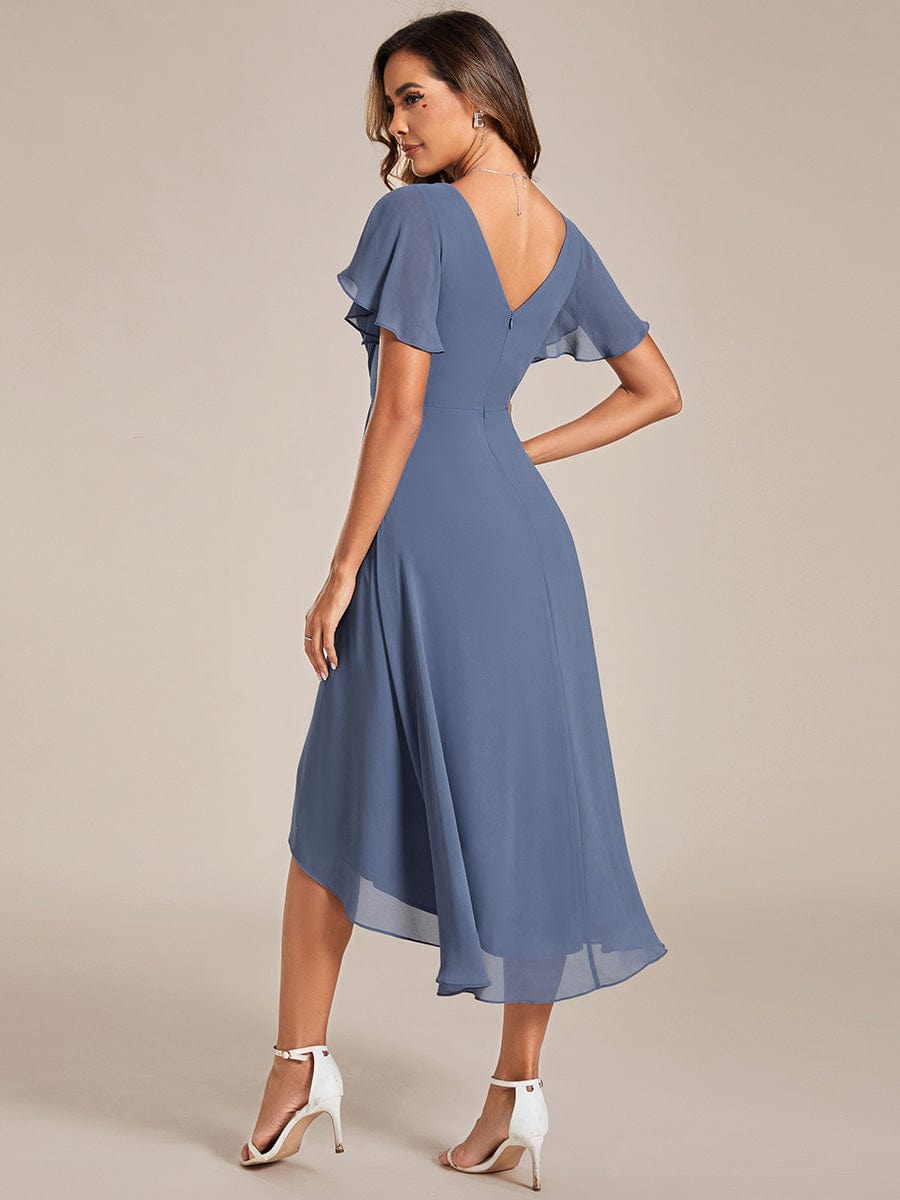 Chic V Neck Asymmetrical Hem Ruffles Sleeve Pleated Chiffon Wedding Guest Dress #color_Dusty Blue