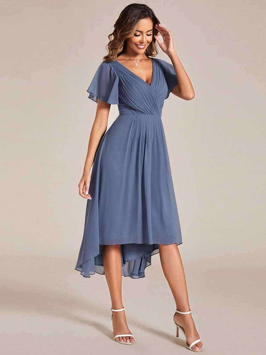 Chic V Neck Asymmetrical Hem Ruffles Sleeve Pleated Chiffon Wedding Guest Dress #color_Dusty Blue