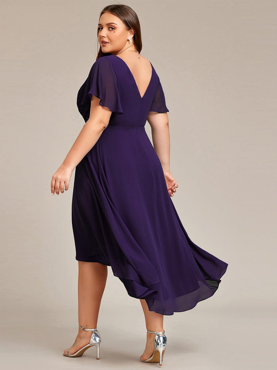 Chic V Neck Asymmetrical Hem Ruffles Sleeve Pleated Chiffon Wedding Guest Dress #color_Dark Purple