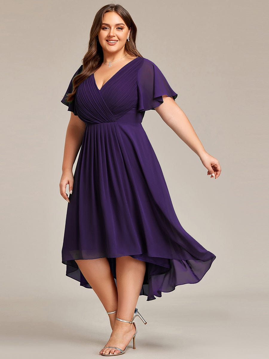 Chic V Neck Asymmetrical Hem Ruffles Sleeve Pleated Chiffon Wedding Guest Dress #color_Dark Purple