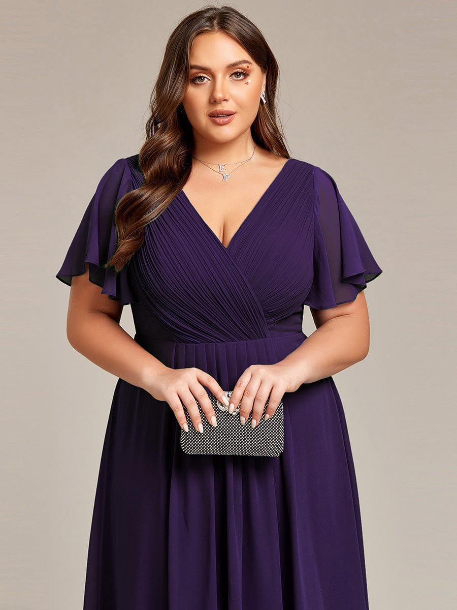 Chic V Neck Asymmetrical Hem Ruffles Sleeve Pleated Chiffon Wedding Guest Dress #color_Dark Purple