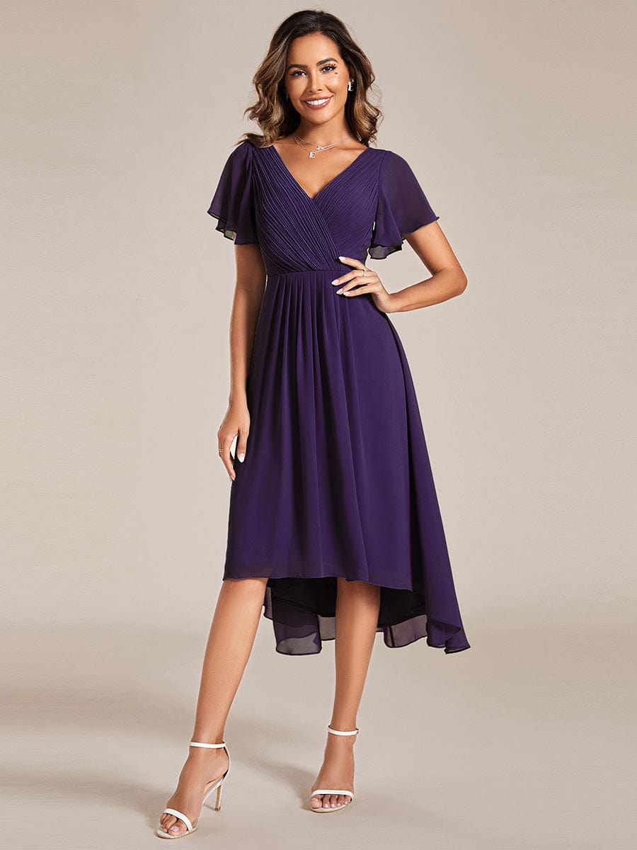 Chic V Neck Asymmetrical Hem Ruffles Sleeve Pleated Chiffon Wedding Guest Dress #color_Dark Purple