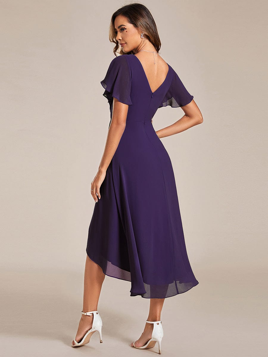 Chic V Neck Asymmetrical Hem Ruffles Sleeve Pleated Chiffon Wedding Guest Dress #color_Dark Purple