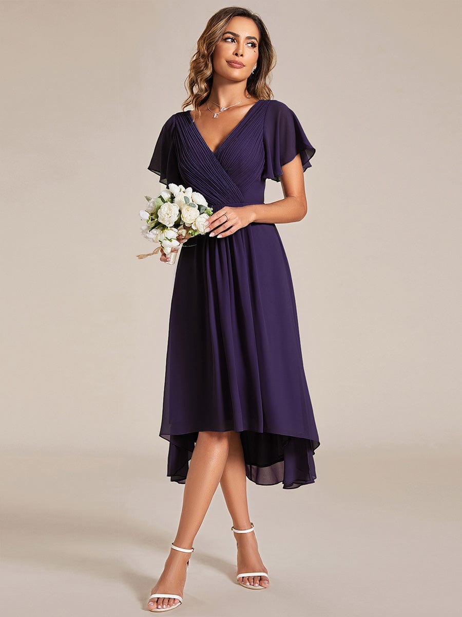 Pleated Asymmetrical Hem Ruffles Sleeve Chiffon Bridesmaid Dress #color_Dark Purple