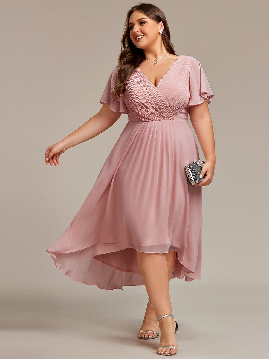 Chic V Neck Asymmetrical Hem Ruffles Sleeve Pleated Chiffon Wedding Guest Dress #color_Dusty Rose