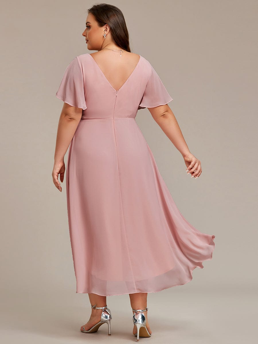 Chic V Neck Asymmetrical Hem Ruffles Sleeve Pleated Chiffon Wedding Guest Dress #color_Dusty Rose