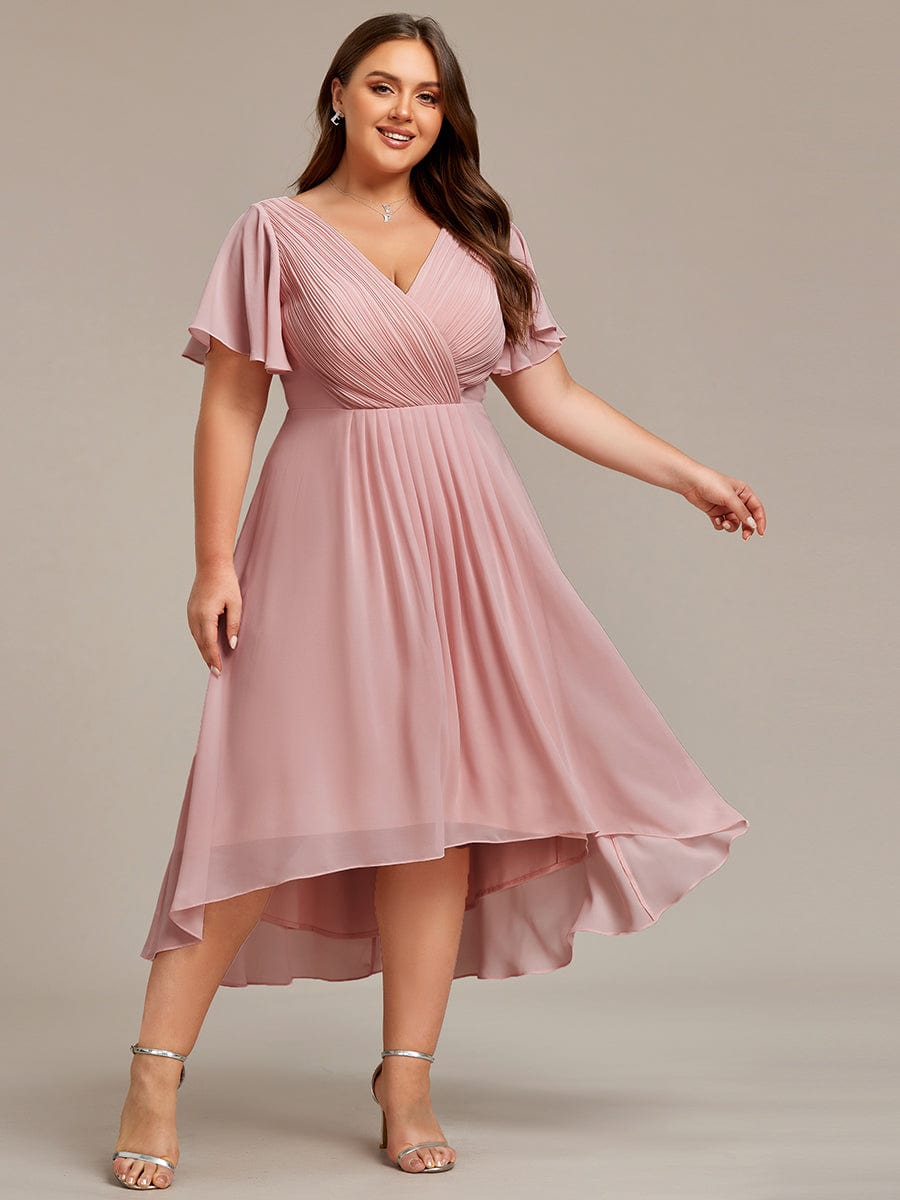 Chic V Neck Asymmetrical Hem Ruffles Sleeve Pleated Chiffon Wedding Guest Dress #color_Dusty Rose