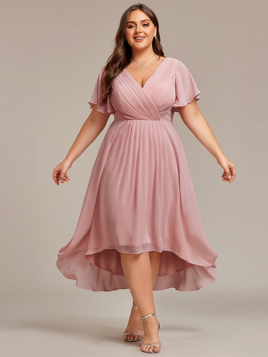 Chic V Neck Asymmetrical Hem Ruffles Sleeve Pleated Chiffon Wedding Guest Dress #color_Dusty Rose