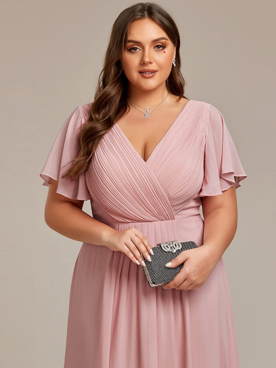 Chic V Neck Asymmetrical Hem Ruffles Sleeve Pleated Chiffon Wedding Guest Dress #color_Dusty Rose