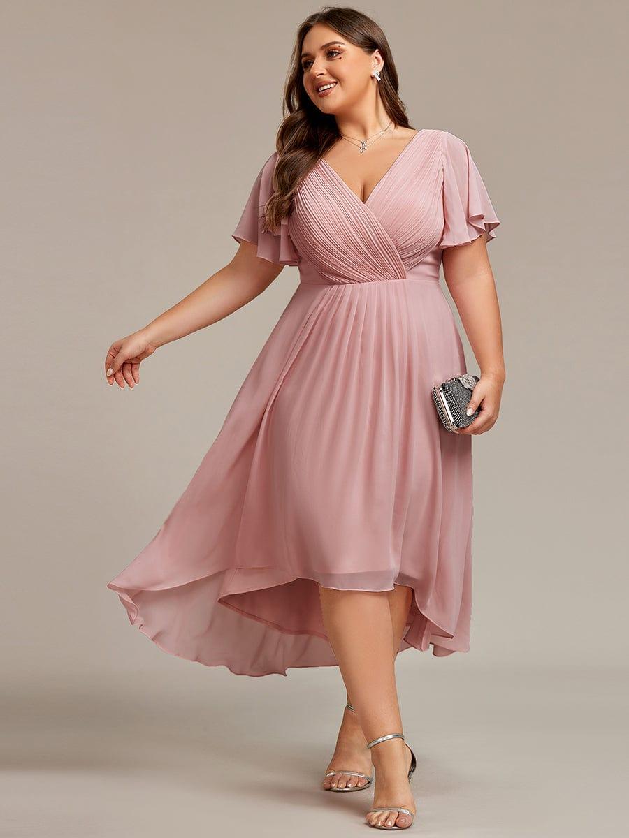 pretty FAYE|Plus Size Double V-Neck Ruffles Sleeve Chiffon Midi Wedding Guest Dress