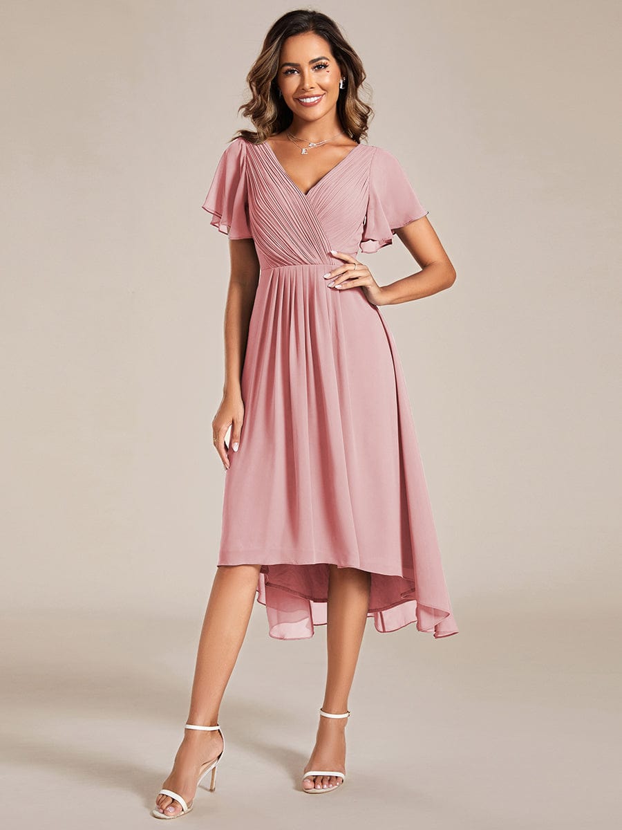 Chic V Neck Asymmetrical Hem Ruffles Sleeve Pleated Chiffon Wedding Guest Dress #color_Dusty Rose