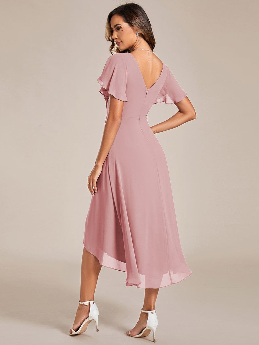 Chic V Neck Asymmetrical Hem Ruffles Sleeve Pleated Chiffon Wedding Guest Dress #color_Dusty Rose